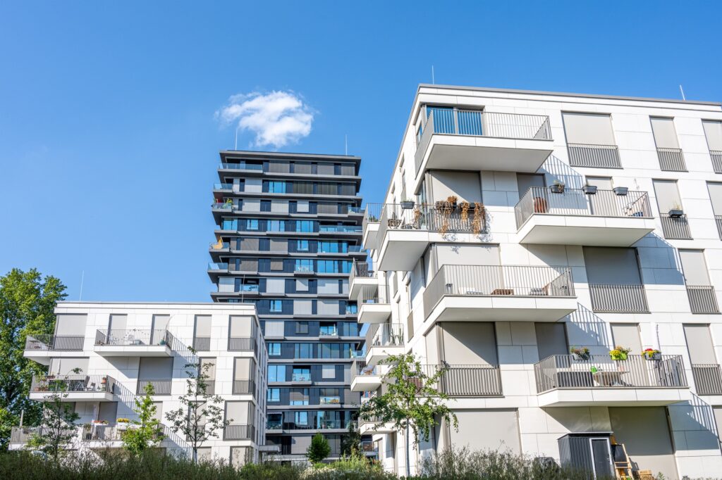 Modern black and white apartment buildings